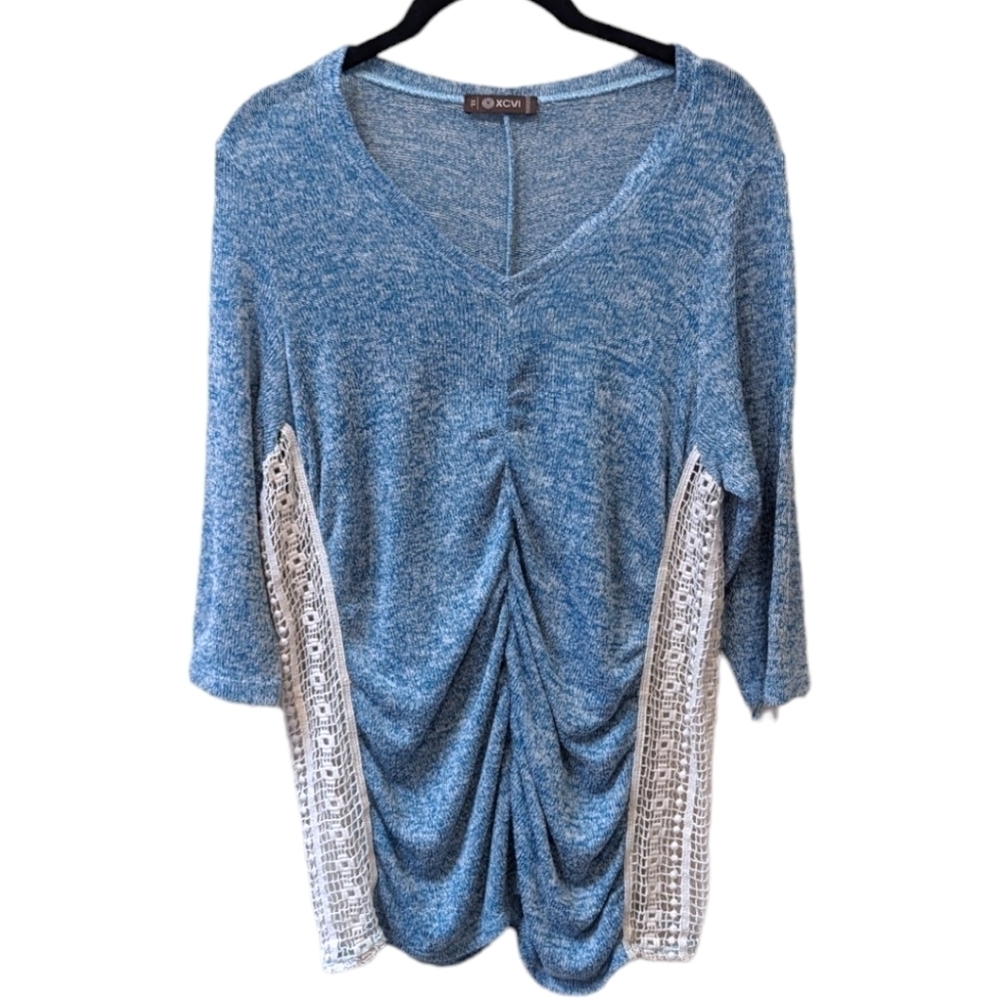 XCVI Heathered Blue & Cream Crochet Lace Insert Ruched Longsleeve Top (XL)